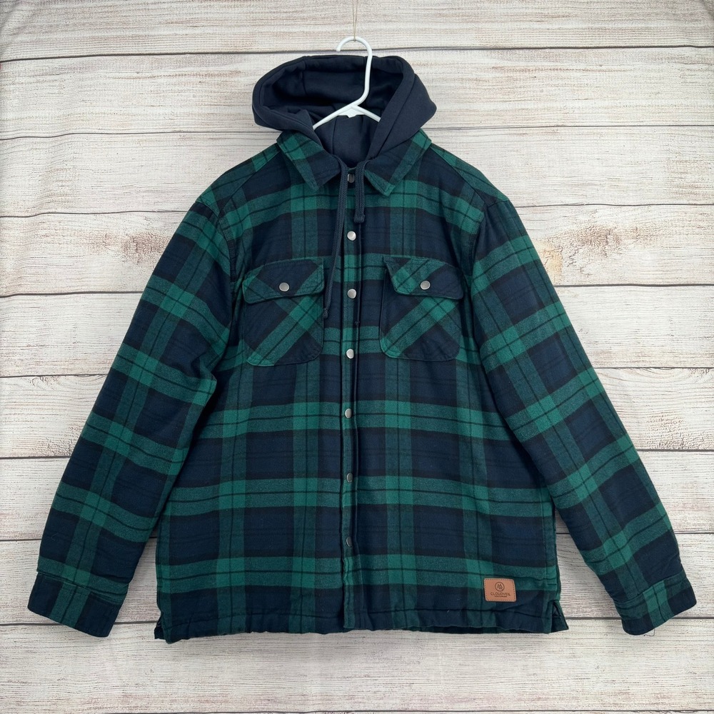 Cloudveil Flannel Shirt Jacket Mens XL Green Plaid Hooded Quilted Lined